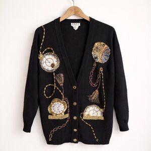 Vintage Angora Wool Cardigan - Beaded Pocket Watch - Dark Academia - Size L
